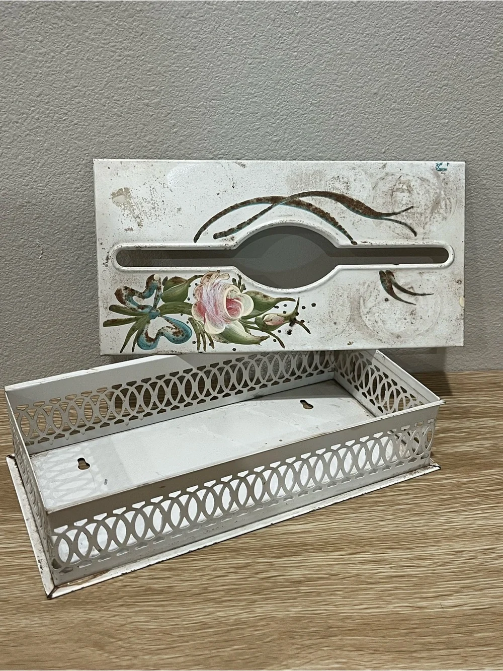 Vintage Metal Handpainted MCM Tissue Box Holder Floral Design / Wall Mount